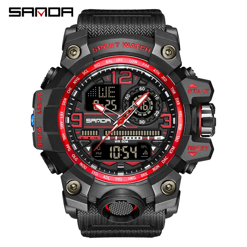 SANDA premium brand 5ATM deep waterproof shockproof hourly reporting digital sports watch men trend release