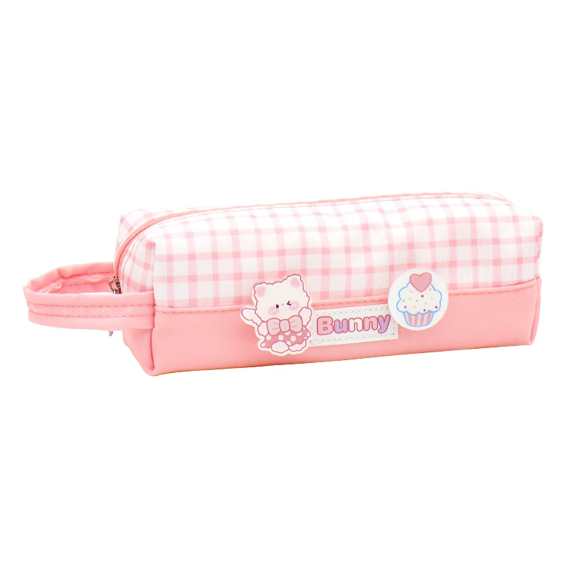 Japan and Korea plaid pencil case notebook large capacity high value ins cute girl small fresh cartoon brooch stationery bag