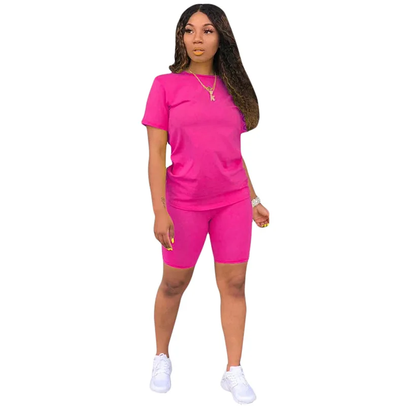2023 Hot Sale Women Clothing Cotton Short Sleeves Neon Two Pieces Shorts Set Casual 2 Piece Women Outfit