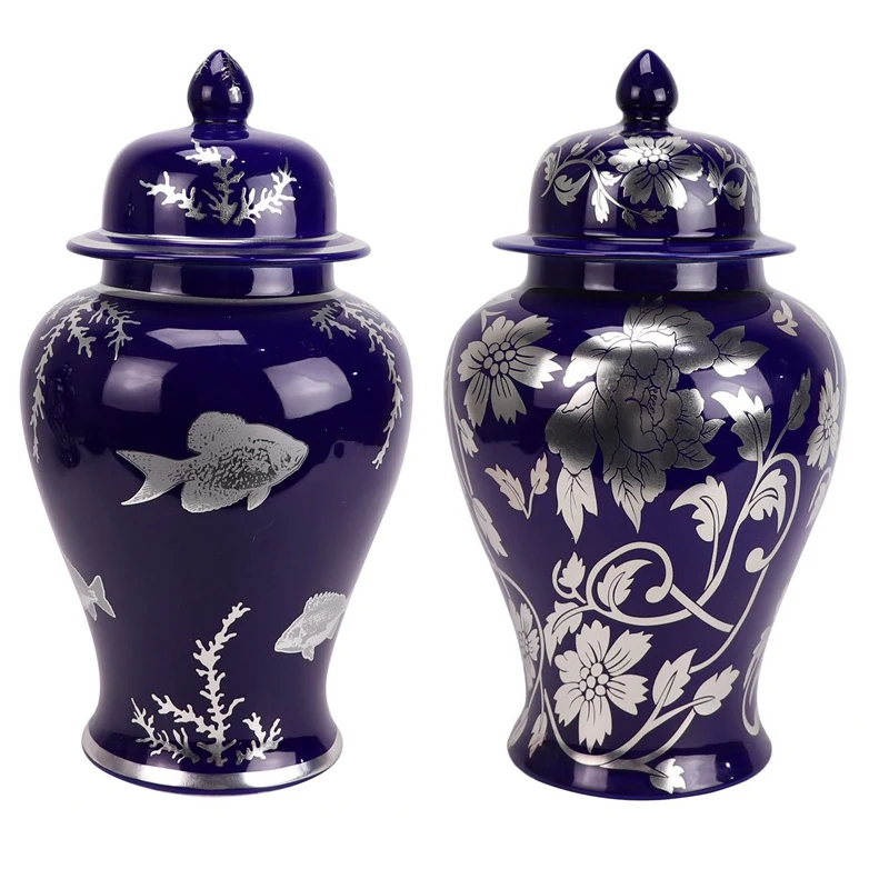 RZUF98-A-B  Jingdezhen Blue and white silver fish algae and Peony Flower pattern Ceramic Lidded Jar