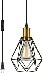Wire Cage Pendant Light Plug in Light Fixture with On/Off Switch Shape Hanging Lamp with Vintage Bronze Socket Light