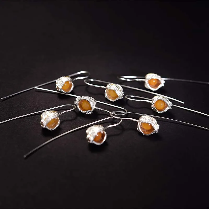 Custom Natural Stone Creative Design Physalis Fruits Cape gooseberry Dangle drop  Earrings 925 sterling silver with 18k jewelry