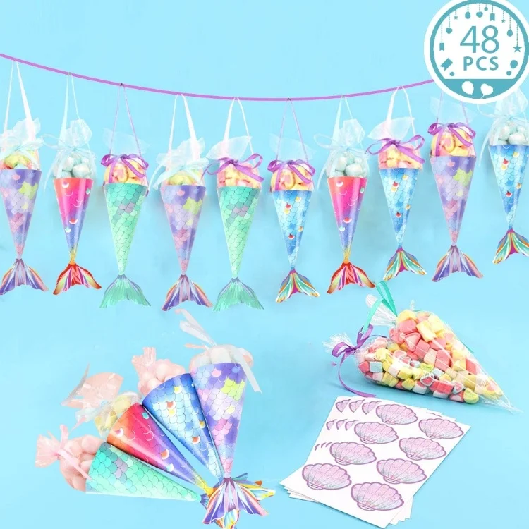 48PCS/set Mermaid Paper Candy Gift Box Hanging Dessert Bags Gifts Girls Wedding Birthday Mermaid Party Favors Decoration