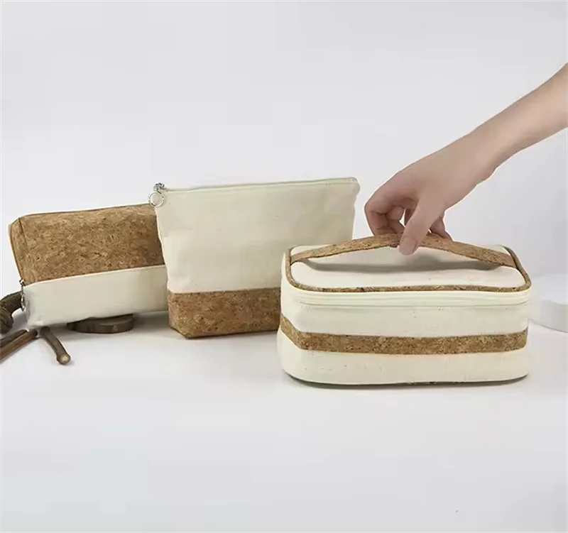 Primary Color Wood Grain Pattern Canvas Travel Toiletries Storage Bag Set Eco-friendly Cork Cosmetic Bag