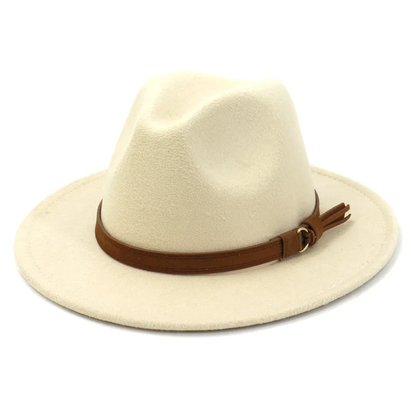 White Khaki Womens Jazz Hat Formal Autumn Winter Felt Panama Hat Fashion Women Belt Buckle Fedora Hat