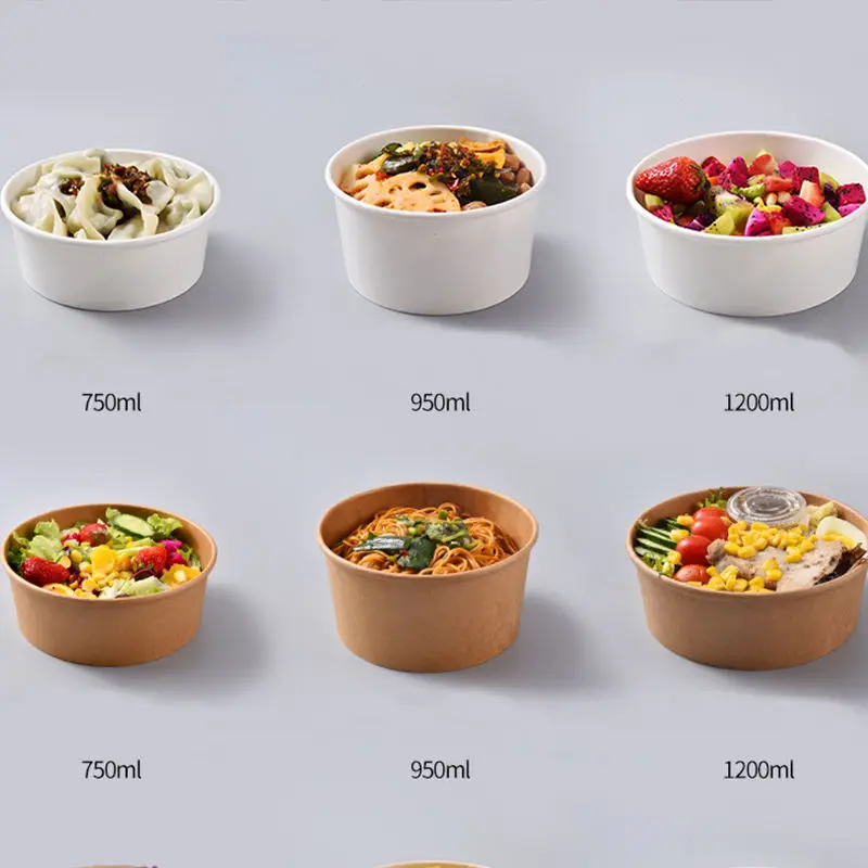 Custom Printed 750ml Biodegradable  Kraft Hot Food Paper Bowl Container Takeaway Disposable 250ml Paper Soup Cup With Lid