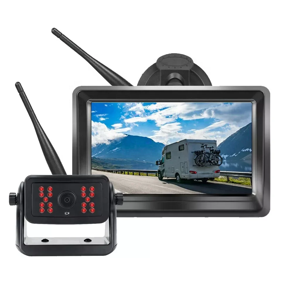 iPoster Trailer RV 5 inch Wireless Dual split DVR AHD Monitor with solar 1080P Battery Powered Standby Solar Magnetic camera kit