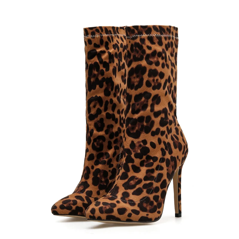 ladies pointed leopard print sexy high heel rubber ankle boots women