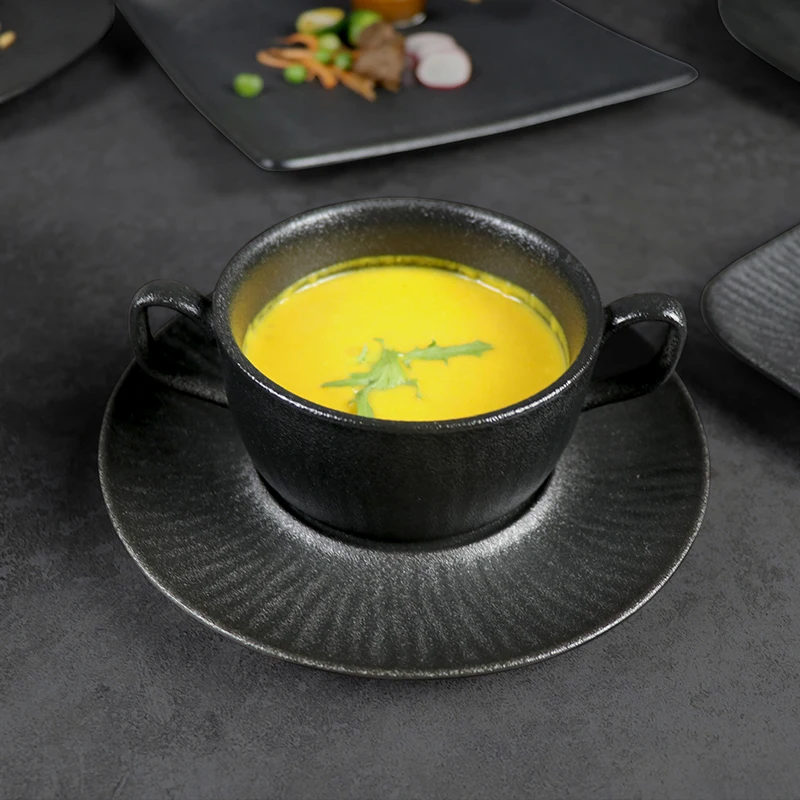 Ceramic Soup Bowl With Plate 12 OZ Corn Chowder Bowls With Handles For Restaurant Hotel