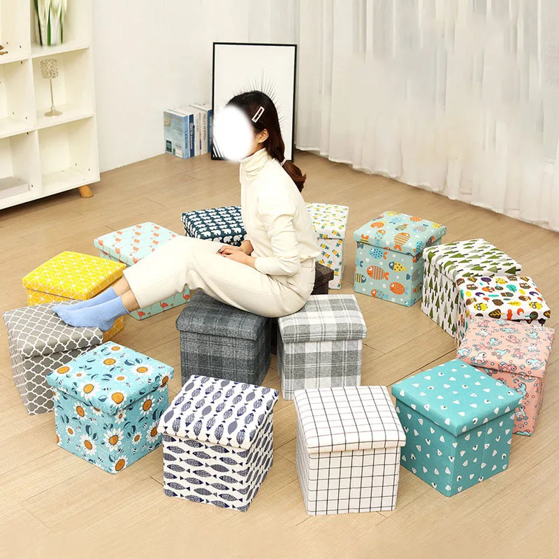 Living Room Foot Stool Chair Round Collapsible Ottoman With Linen Leather Fashionable Storage Bench Home Apartment Babies Kids