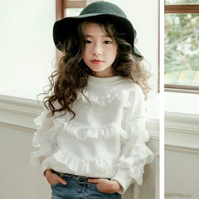 
KS0570 Fashion korean style girls black and white color sweatshirt tulle selvedge stitching t shirts 