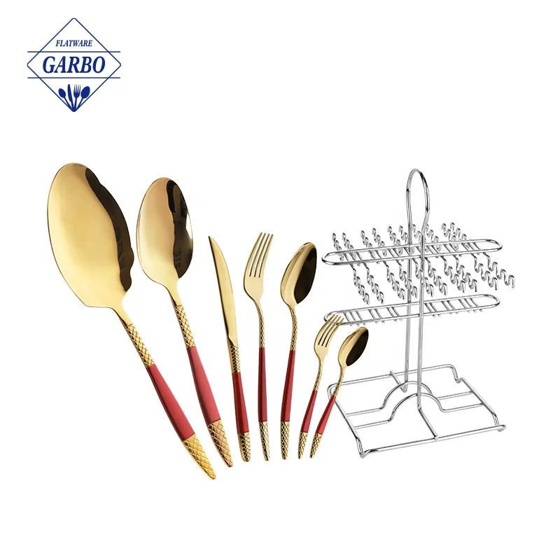Middle East Egypt tableware 201 gold laser stainless steel spoon and fork 32pcs cutlery sets with hanging holder stand