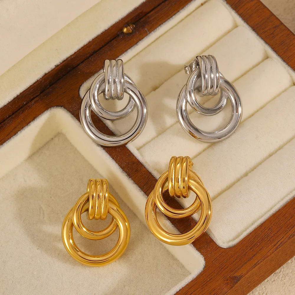 Ins 18K Gold PVD Plated Stainless Steel Texture Round Stud  Earring For Women Waterproof  Hypoallergenic Jewelry Gift