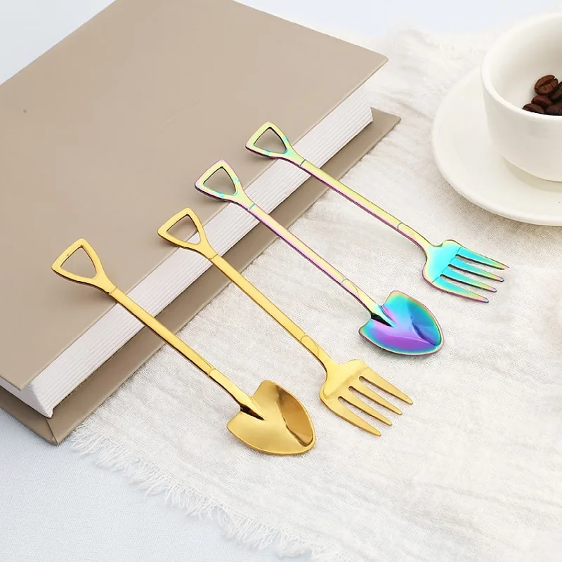 Colorful Shovel Shaped Dessert Spoons Creative Stainless Steel Tea Coffee Ice Cream Spoons