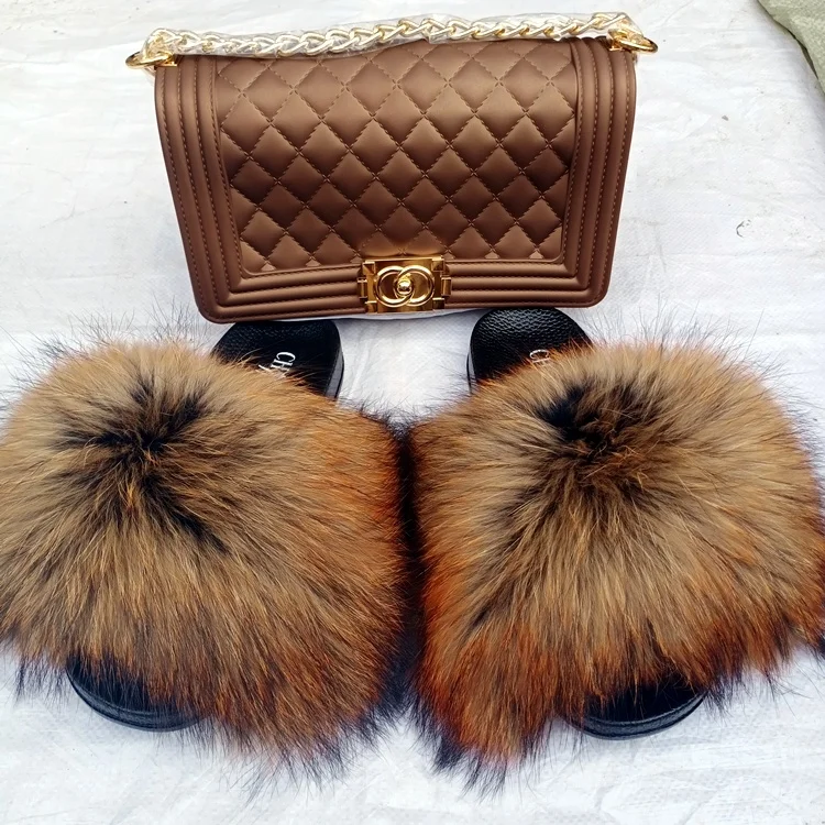 
2021Summer Fur Slides And Pures Set Fur Slipper With Purse Fur Matching Slippers Sets 