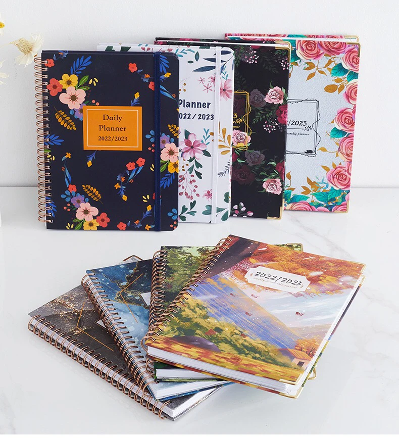 Custom Flowery Cover Gold Corner Spiral Undated Stationery 2024 2025 Day Planner Notebook