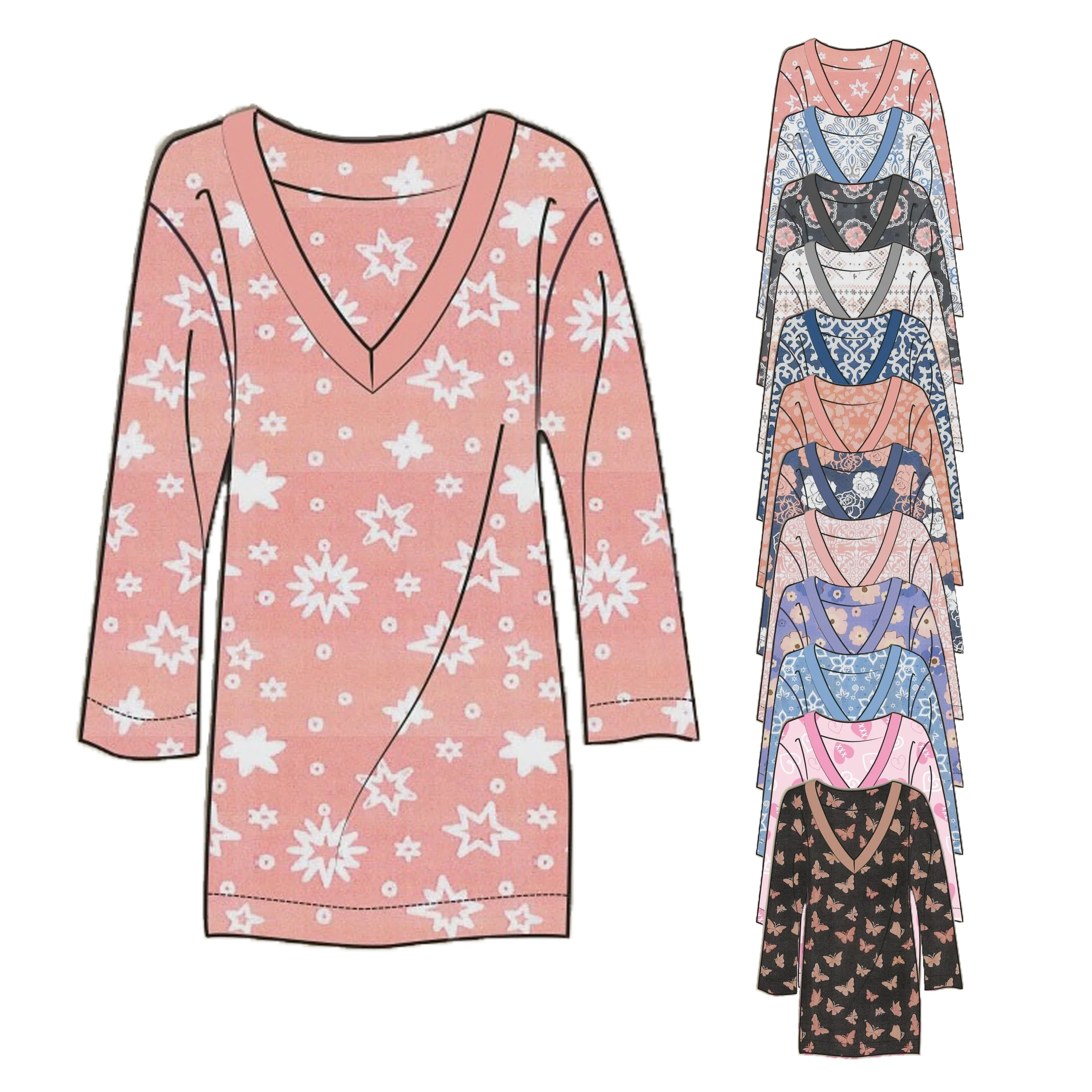 Женские пикантные блузки RTS, оптом, рубашки с принтом звезд, V-образным вырезом и длинным рукавом, теплая Пижама для сна для женщин