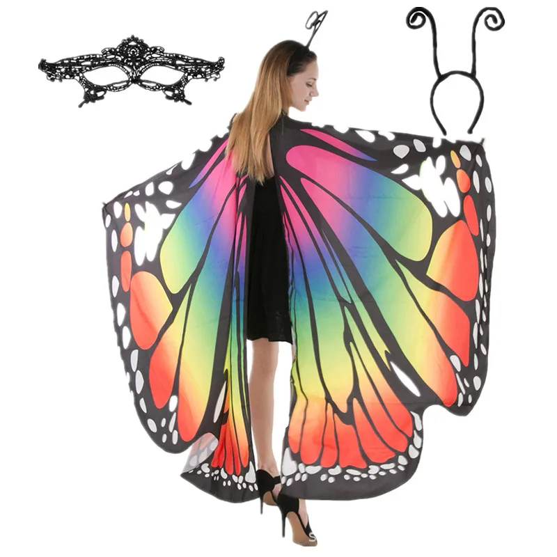 Creations Butterfly Wing Cape Shawl with Lace Mask and Black Velvet Antenna Headband for Halloween Costume Accessory