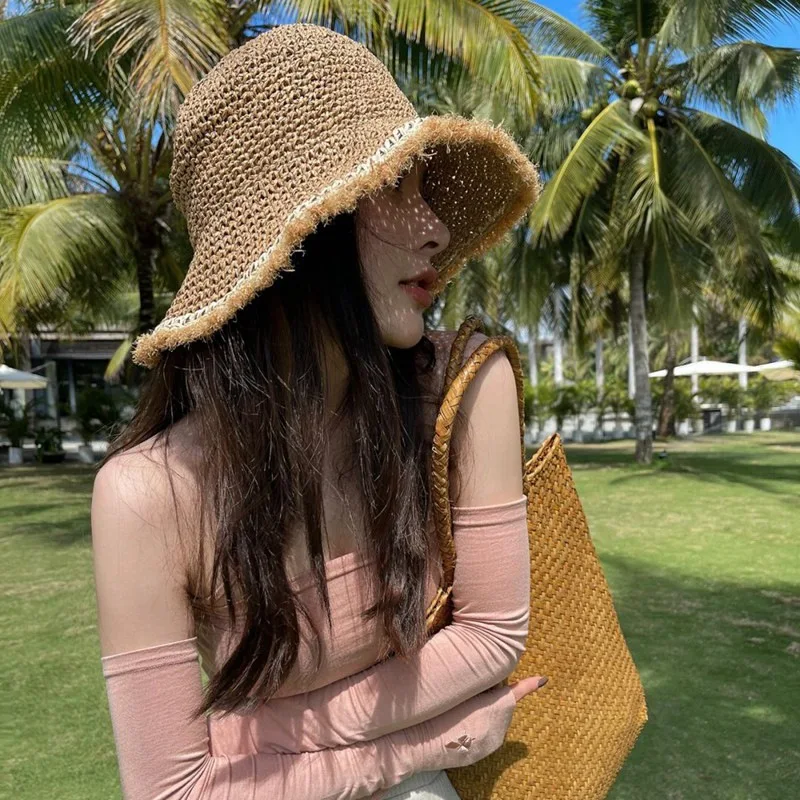 Wholesale Hot Selling Crochet Summer Beach Sun Straw Hats For Women With Rough Selvedge Paper rope handmade crochet cap