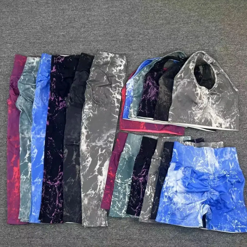 Hot Seamless Tie dye Yoga Sports Fitness Sets High Waist Hip Raise Trousers Beauty Back Bra Suits Women Workout Gym Leggings Set