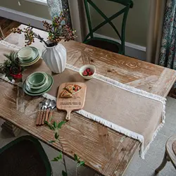 Rural Style Handmade Natural Jute Table Mat Rectangle Linen High quality Table Runner With Tassels
