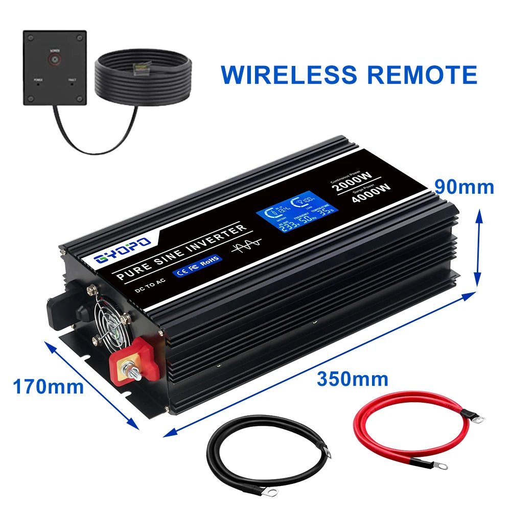 Gyopo car use inverter 12V 24V 48V dc to 220V 230V 240V ac 2000w power inverter with LCD screen monitor