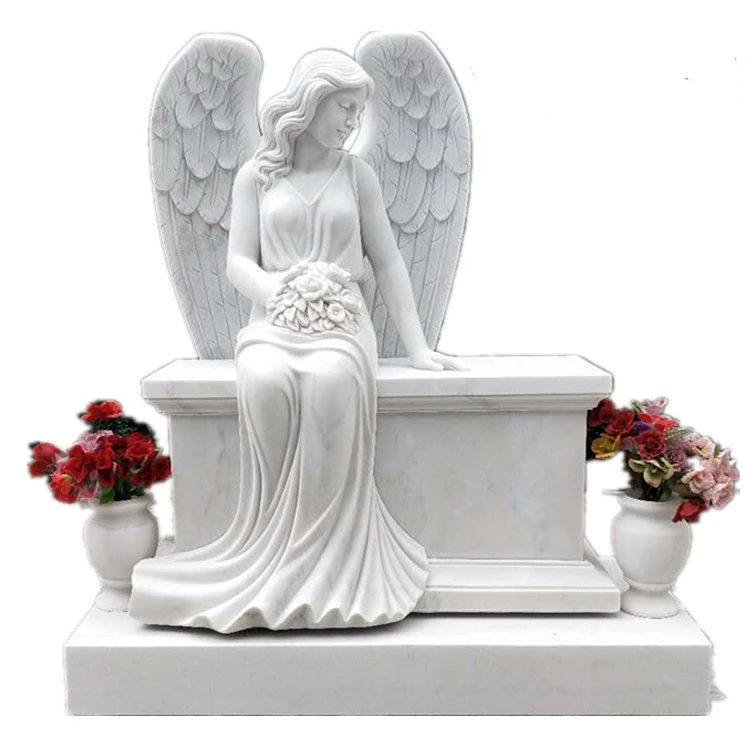 White Marble European Style Angel Cemetery Tombstone Monument