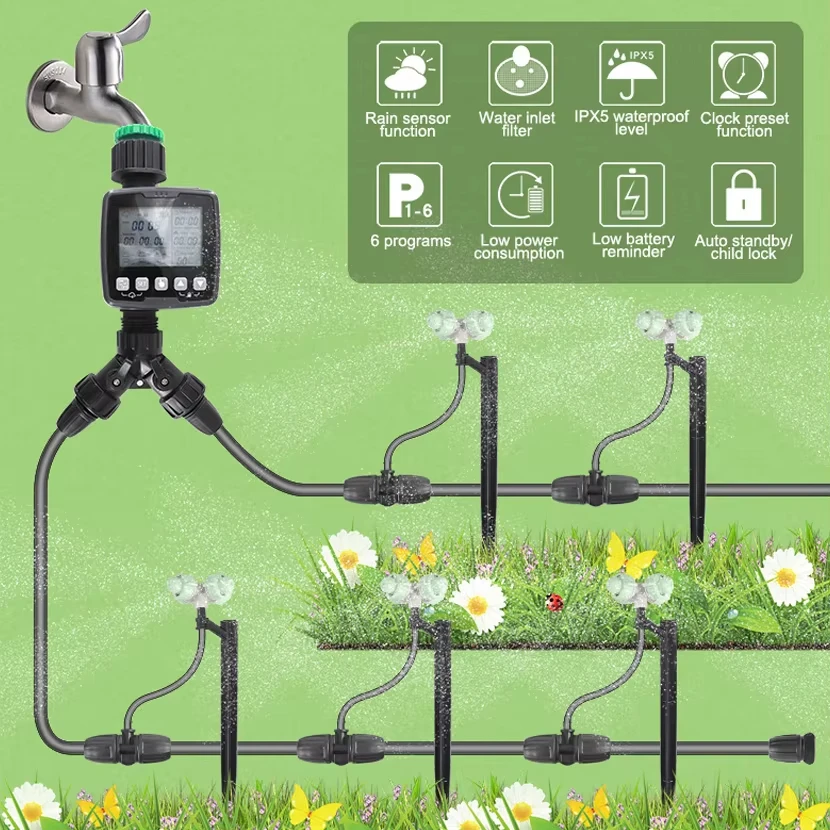 Automatic Cross atomizing nozzle Kit with Water Timer Springs Watering Garden Watering Drip Irrigation System for Potted Plants