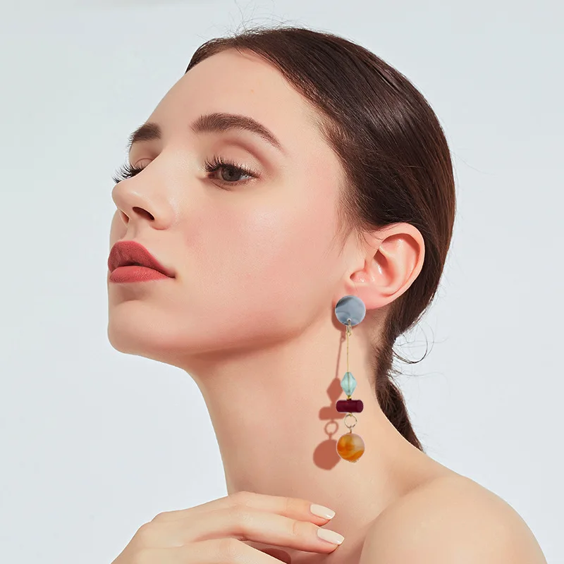 Korea Dongdaemun New Hit Color Acrylic Wood Earrings Fashion Retro Long Amber Ball Earrings