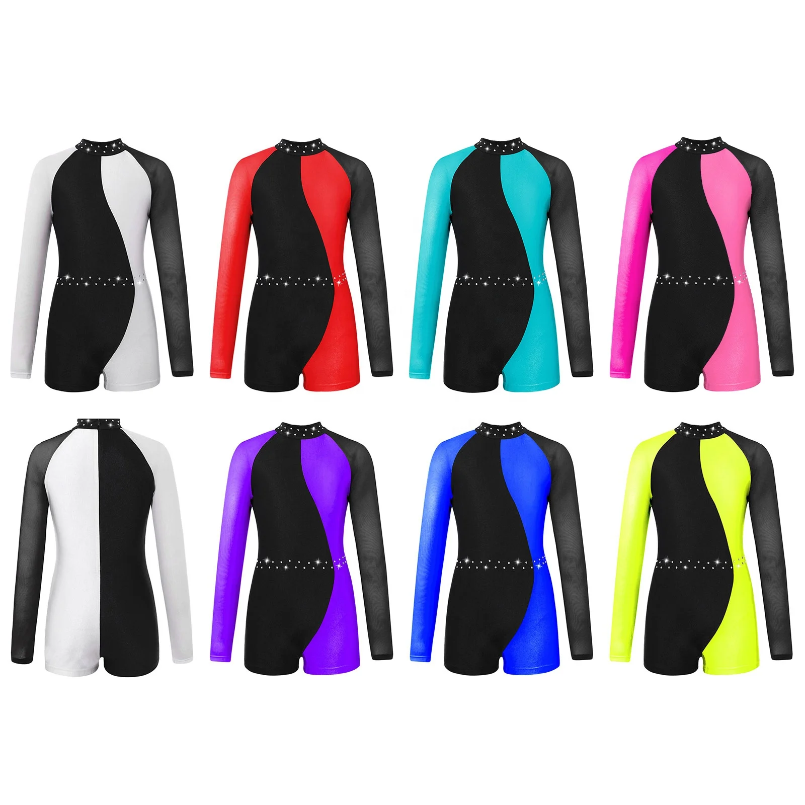 Stylish Kids Girls Mesh Long Sleeve Round Collar Contrast Color Closure Back Dance Leotards Jumpsuit