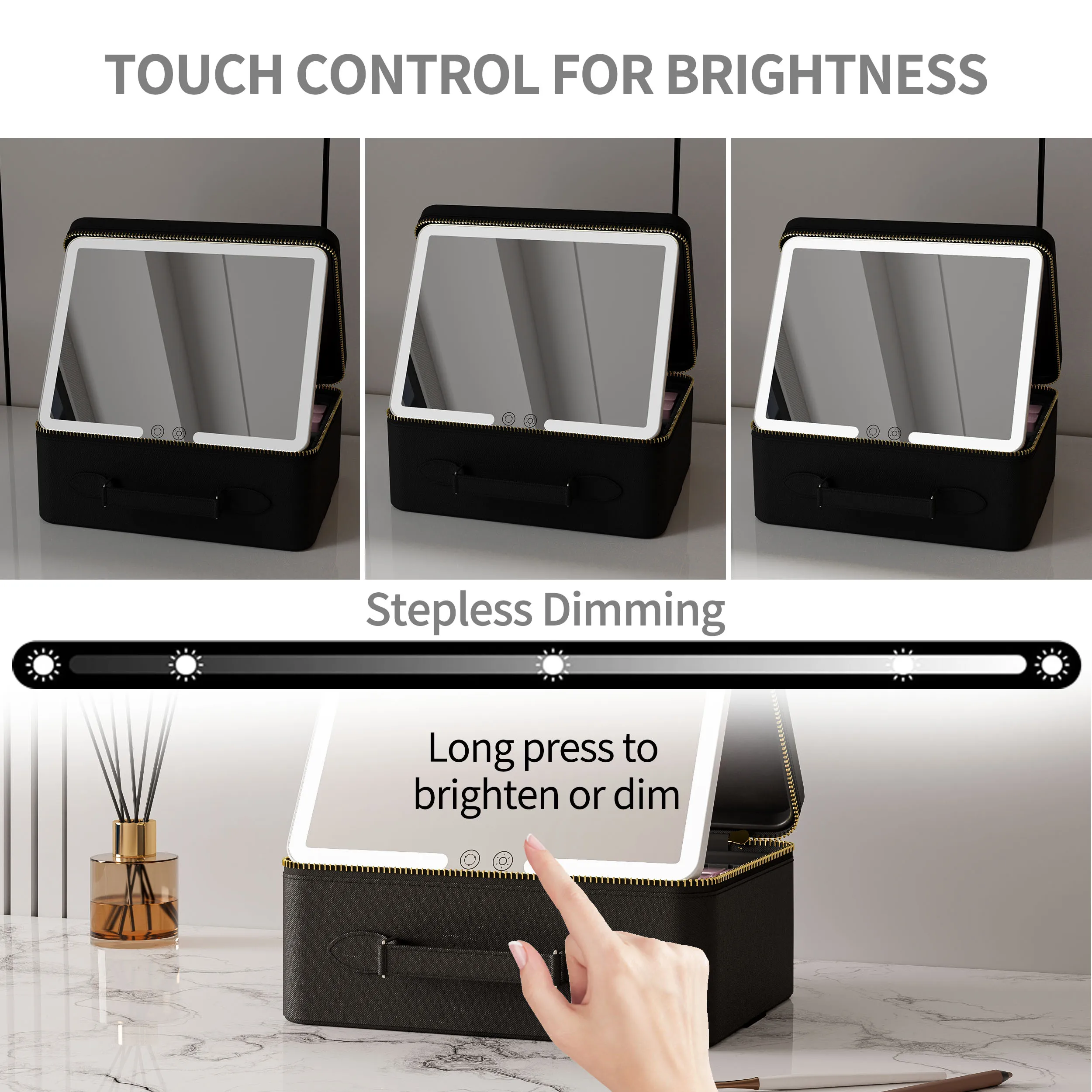 Manufacturers Adjustable Brightness Portable Cosmetic Black Lighted Vanity Travel Makeup Bag Case With Led Light Mirror