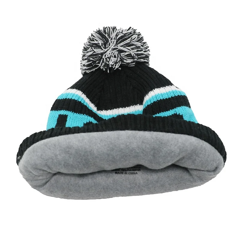 Custom High Quality Fleece Lined Pom Pom Beanie Winter Hat Thickening Fleece Lined Knit Beanie
