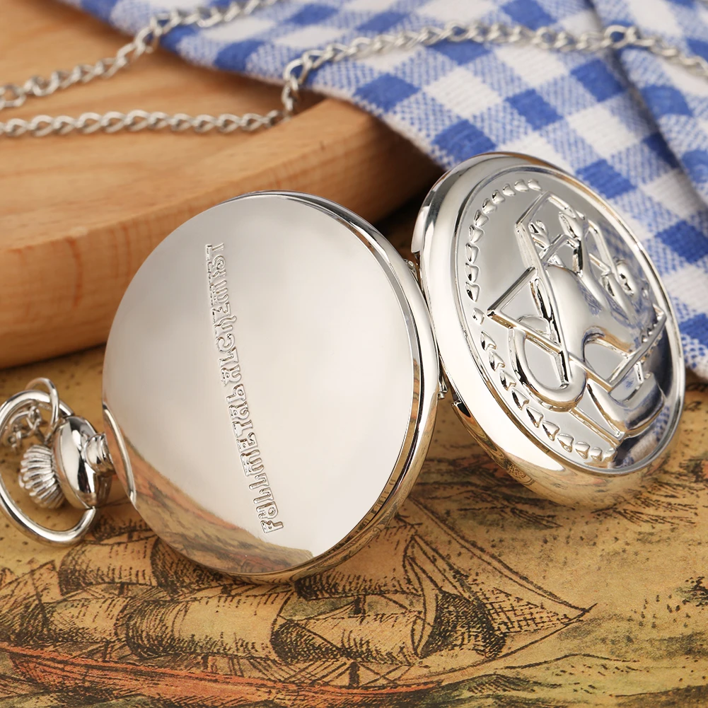 Anime Cosplay Necklace Pendant Chain Clock Reloj Edward Elric Roman Numerals Dial Fullmetal Alchemist Silver Quartz Pocket Watch