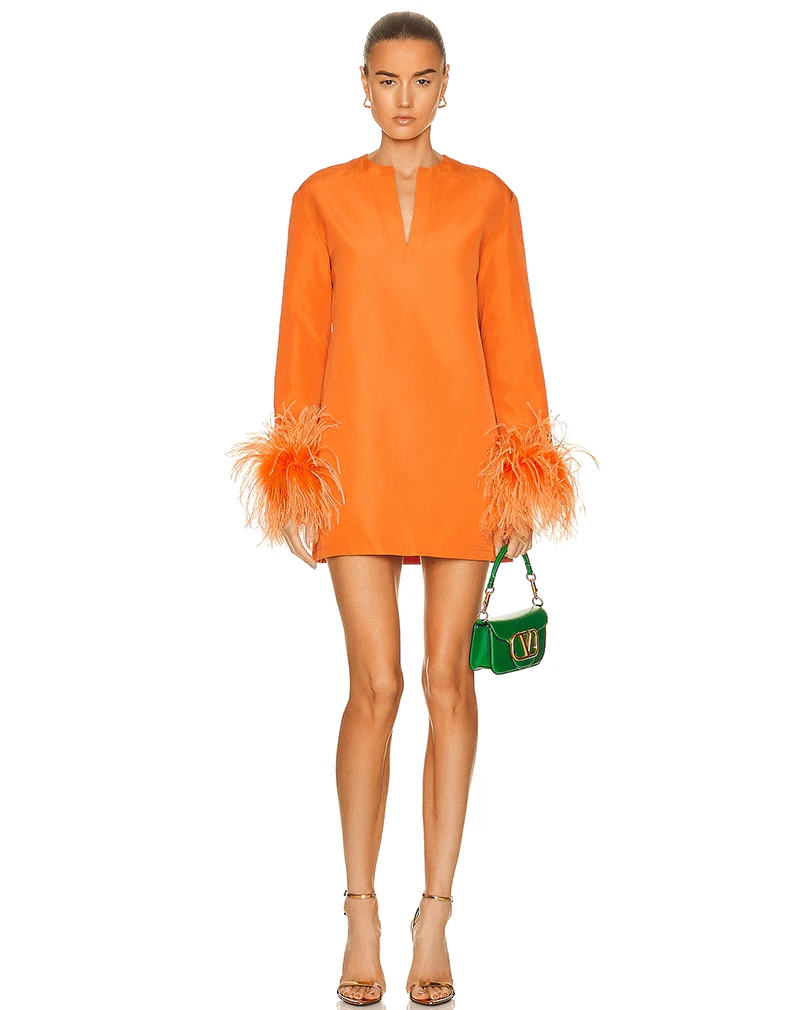 Cuff Feather Decorative Evening Gown Long Sleeve Color Ding Fabric Crewneck High-End Ball Gown Cocktail Dresses