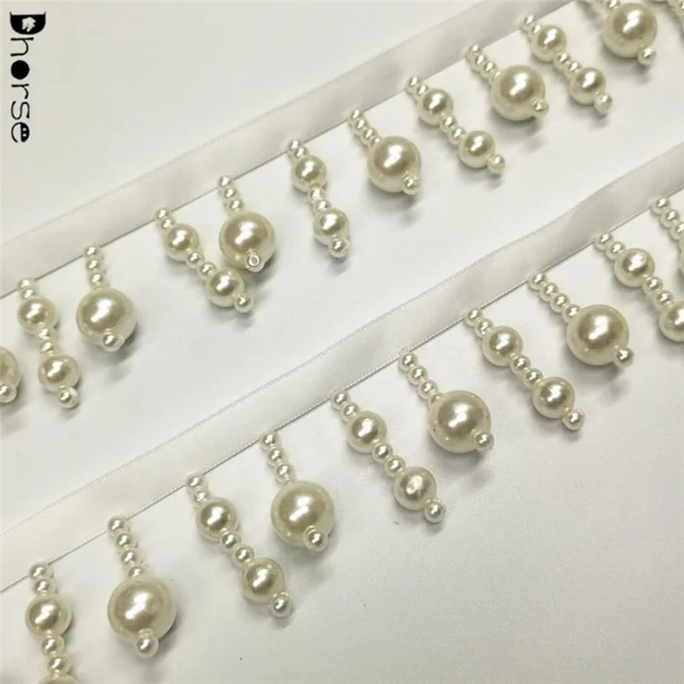 New fancy white three pearls curtain tassel fringe pearl wedding trim
