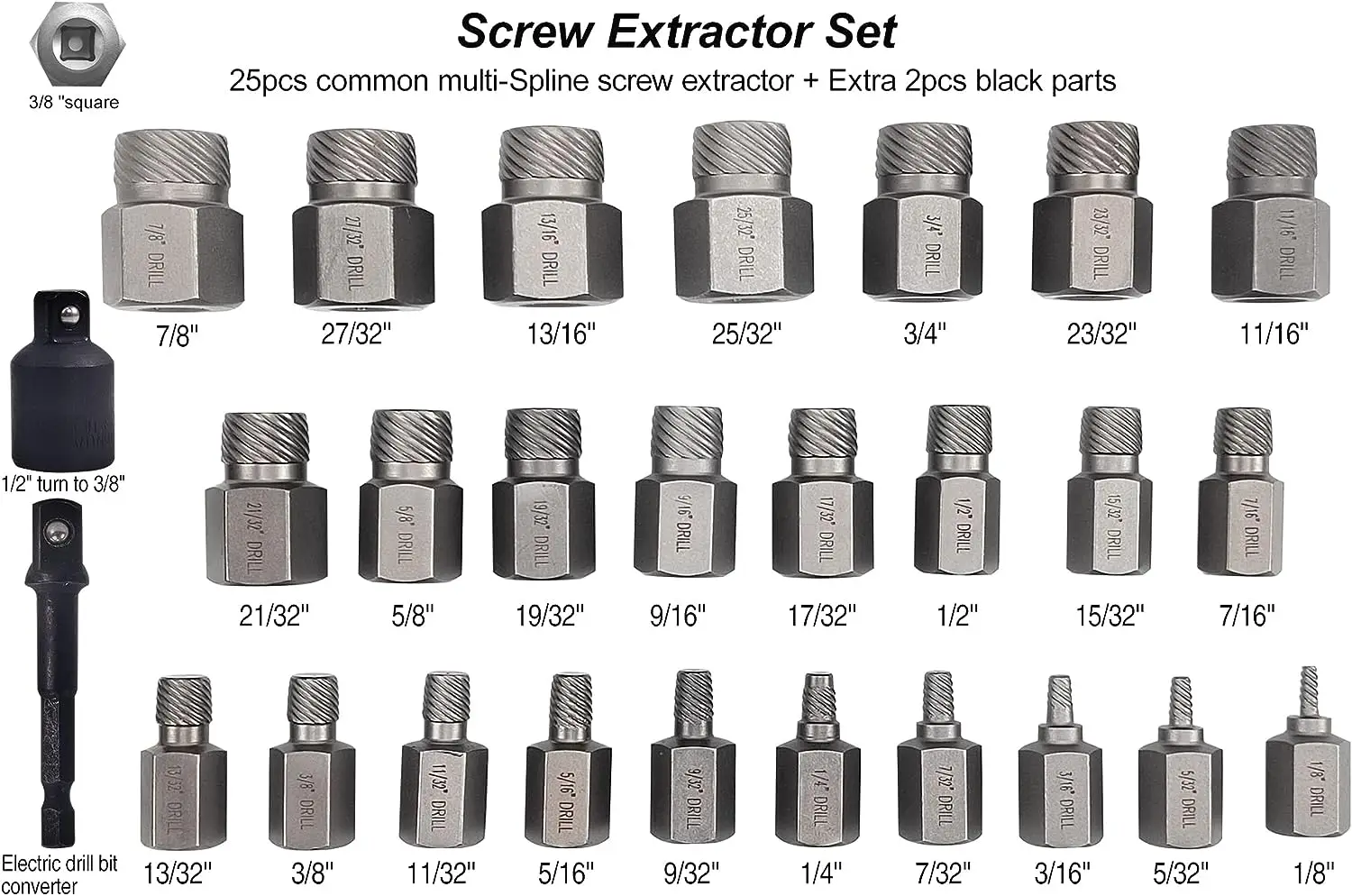 GTYPRO 27PCS Screw Extractor Set Bolt Extractor Set Broken Bolt Extractor Kit for Broken Studs Bolts Screws 1/2 to 3/8 Converter