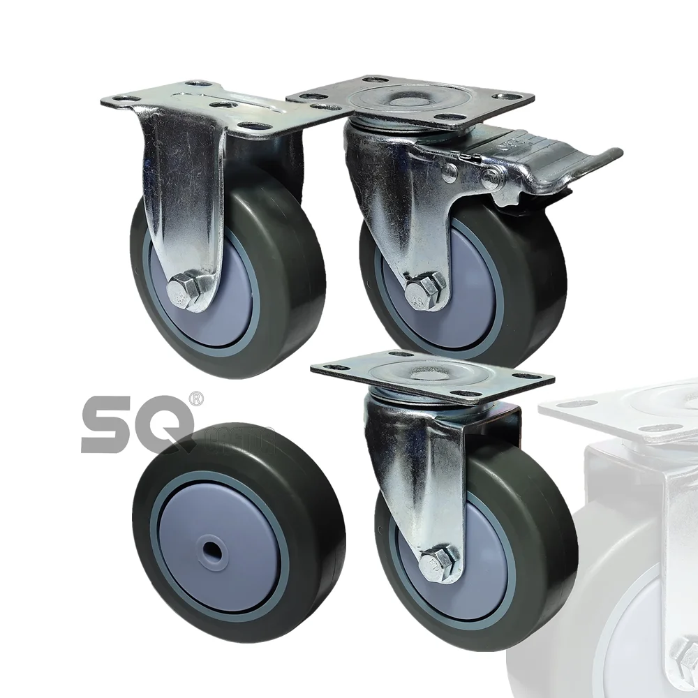 SQ Castor Swivel Plate Caster with Brake Grey TPR Casters for Racks 3 4 5 inch