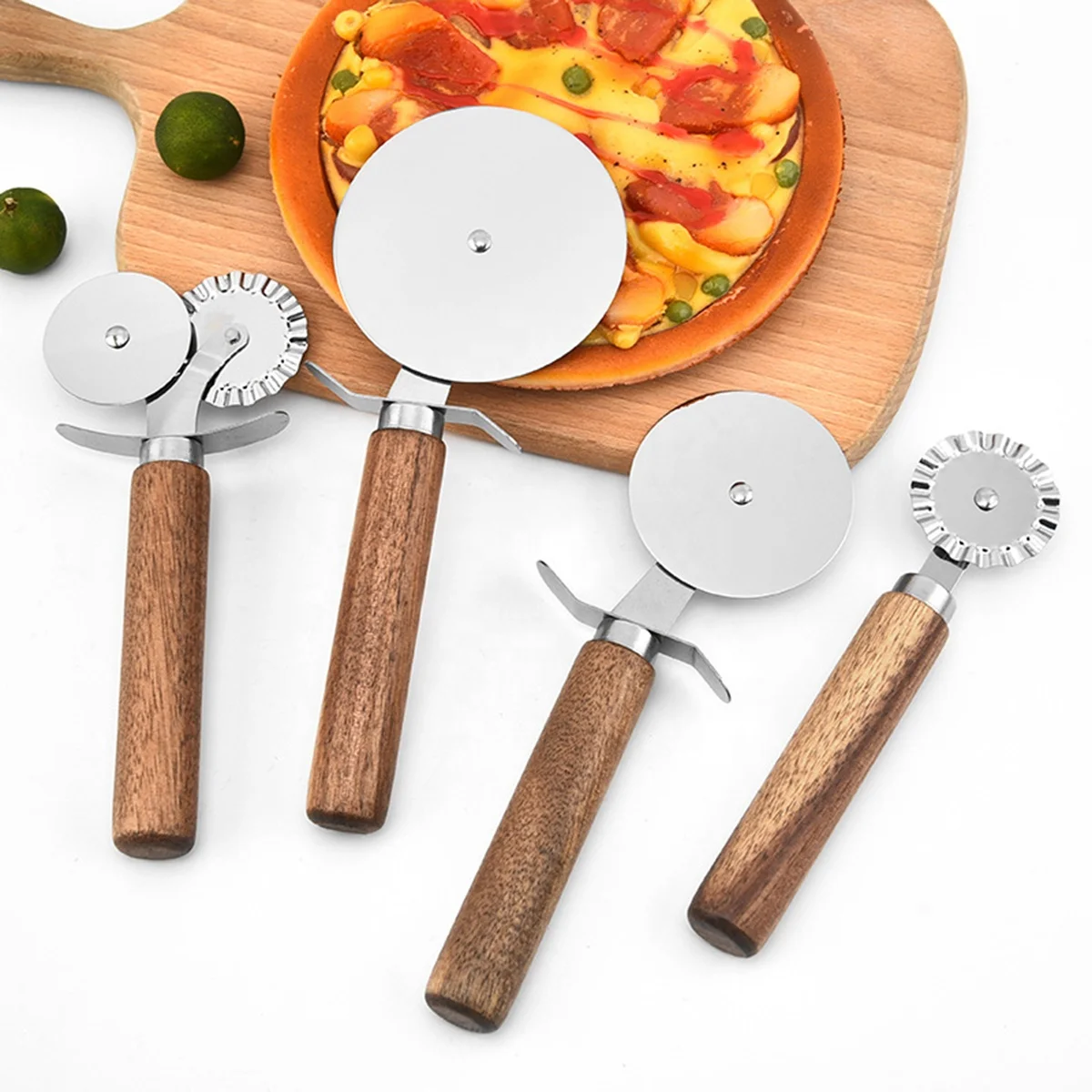 Oak Acacia SS Cake Cutter Non-stick Beech Metal Wheeling Baking Cutter Wooden Handle Stainless Steel Double Wheels PIzza Cutter