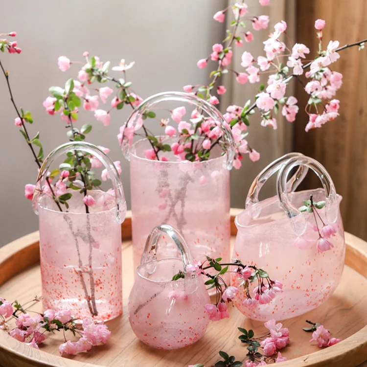 Big Size Pink bucket ornaments creative cultivated glass handbag bag Glass & Crystal Vases Pink Purse Vase
