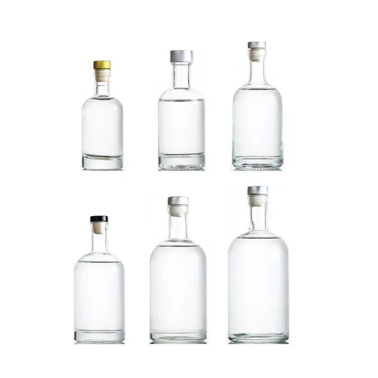 100ml 200ml 375ml 500ml 750ml 1000ml Transparent Round Empty Flint Glass Liquor Wine Whisky Vodka Tequila Bottle with Cork Lid