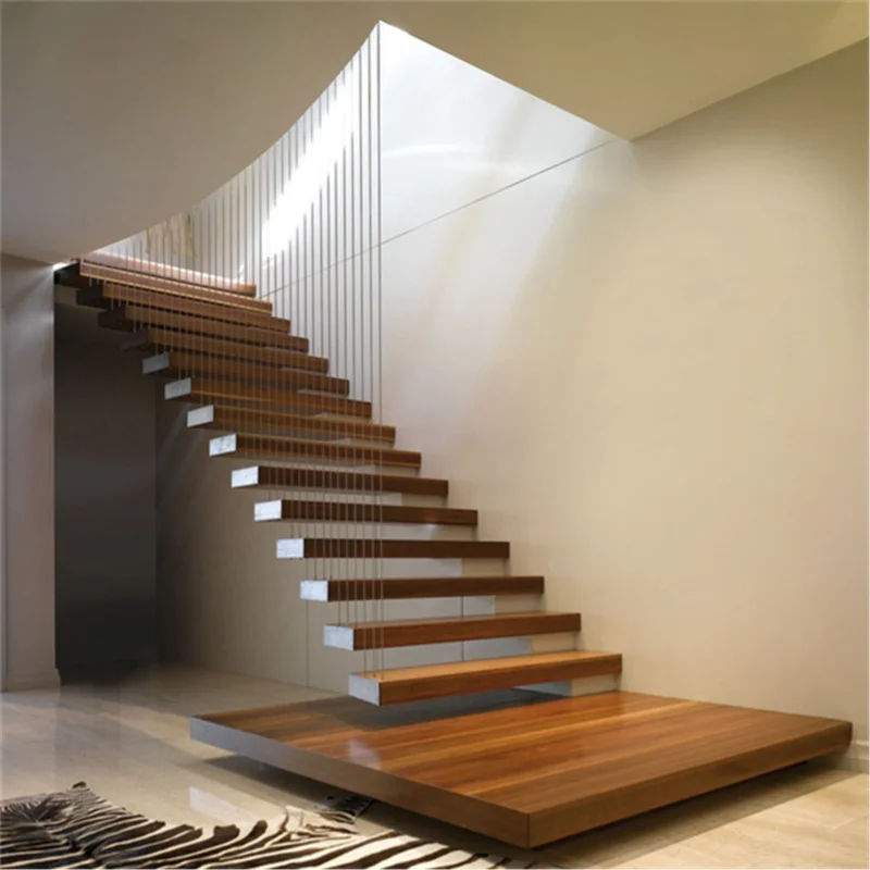 CBMmart American Standard Wood Treads Indoor Stair with Led Lights Glass Railings Floating Stairs