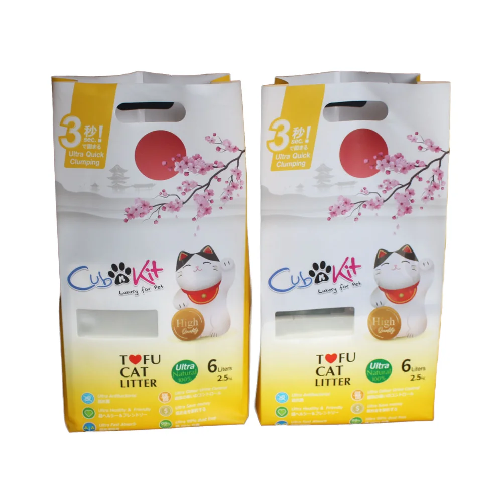 Custom print  5 L 7L  OEM/ODM  side gusset  stand up flat bottom tofu cat litter bag with handle