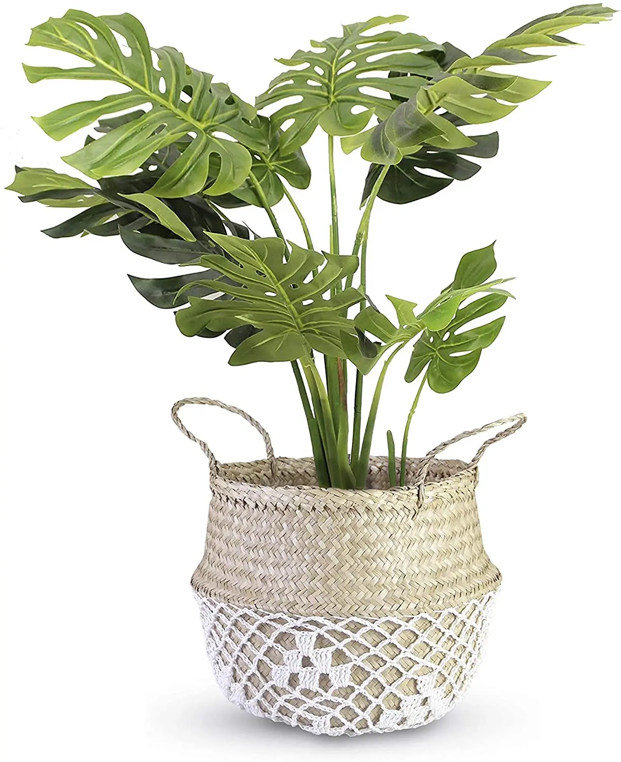 
White Net Pattern Seagrass Belly Basket, Storage, Laundry Basket, Handmade, Lightweight, Foldable (14 x 13 inches) Large 