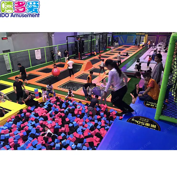 Customized Size Kids Indoor Commercial Trampoline Park With Foam Pit And Basketball Hoops