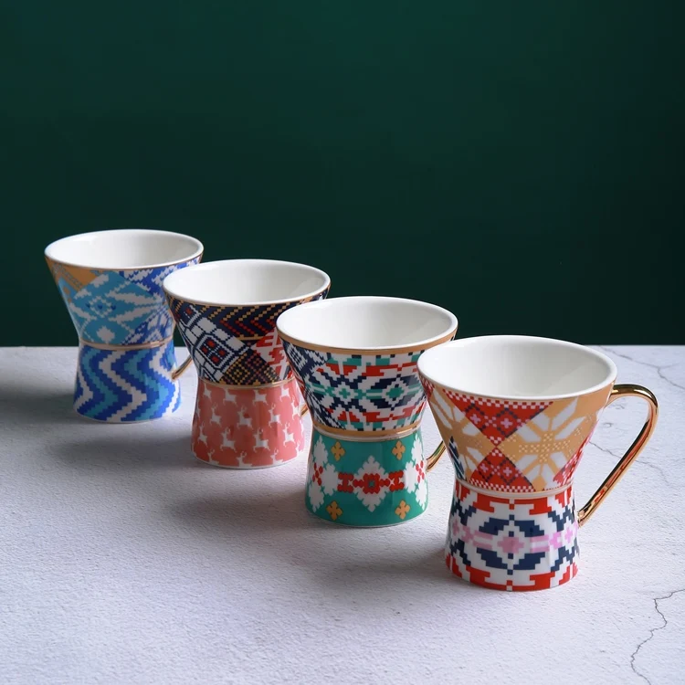 2021 Latest Design Gold Handle Ceramic Tea Cup Sets with Saucers Arabic Coffee Ceramics Porcelain Cups and Saucers Gold Rim