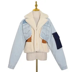 2021  Women Faux Fur Coat Wholesale winter warm Patchwork Lambswool Denim Jacket