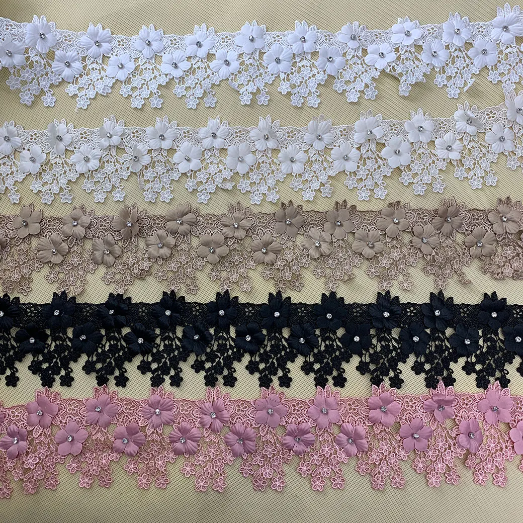 100% polyester embroidery diamond 3D  flower multicolor lace trim wholesale