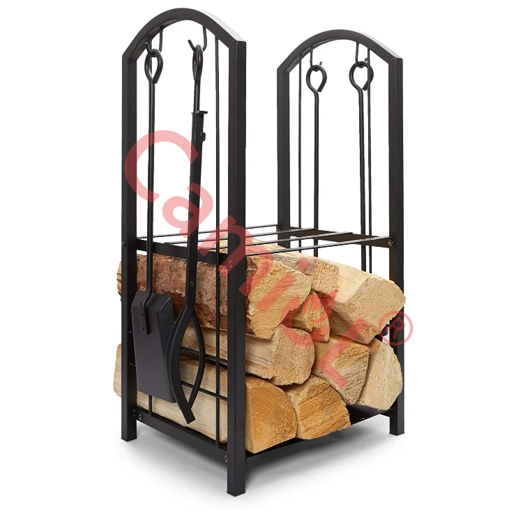 Superior Wood/Log Holder Rack Firewood/Lumber Storage Stacking Rack Black Wrought Iron Fireplace Tools Set