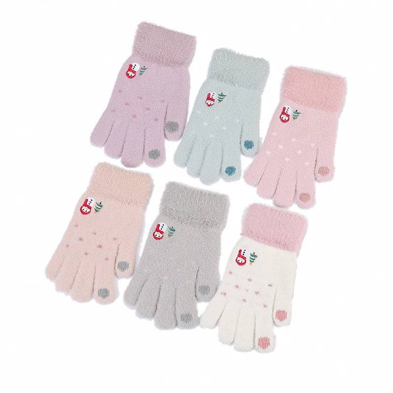 Зимние теплые вязаные перчатки с вышивкой снеговика для сенсорных экранов