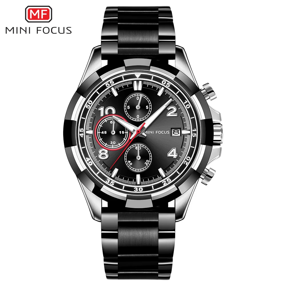 
Mini focus 0198 stainless steel chain black color wrist watch custom cheap chronograph luxury analog watches for men 